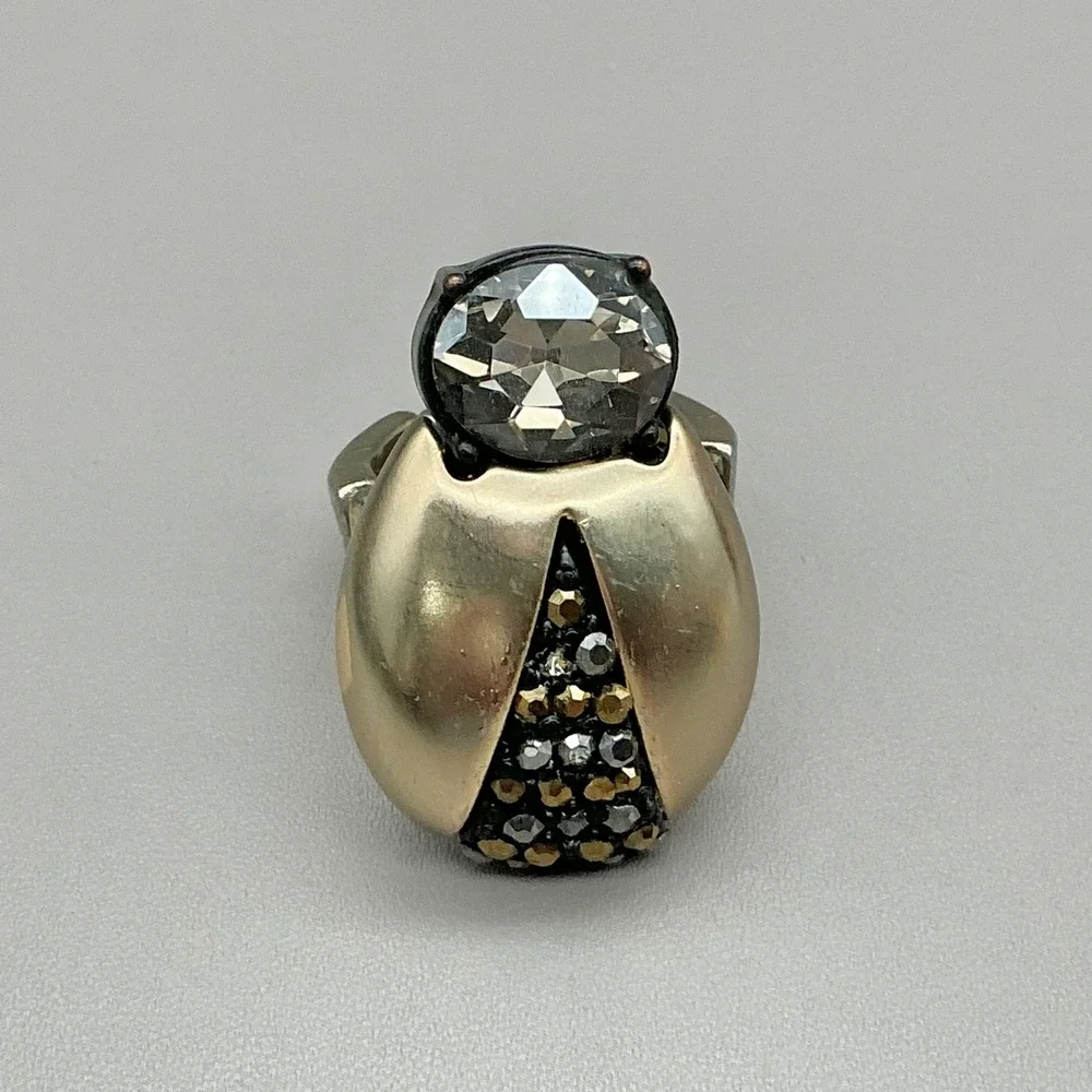 Chico's Stretch Ring Ladybug Black Crystal Gold Tone Statement Adjustable